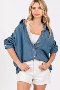 Thumbnail for V-NECK LAPEL COLLAR SHIRT- Denim: DENIM