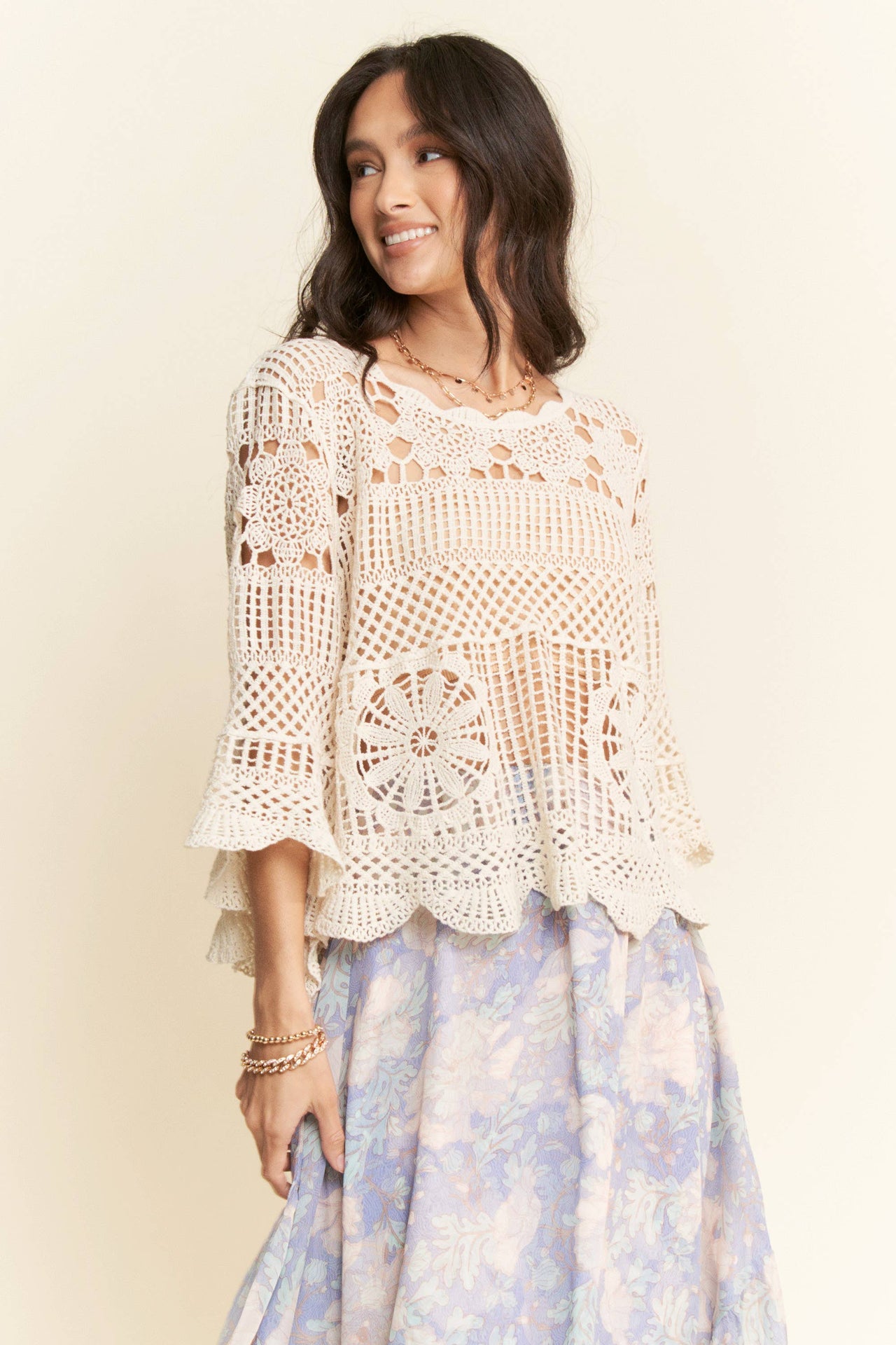 CROCHET LACE SOLID 3/4 SLEEVES TOP BLOUSE