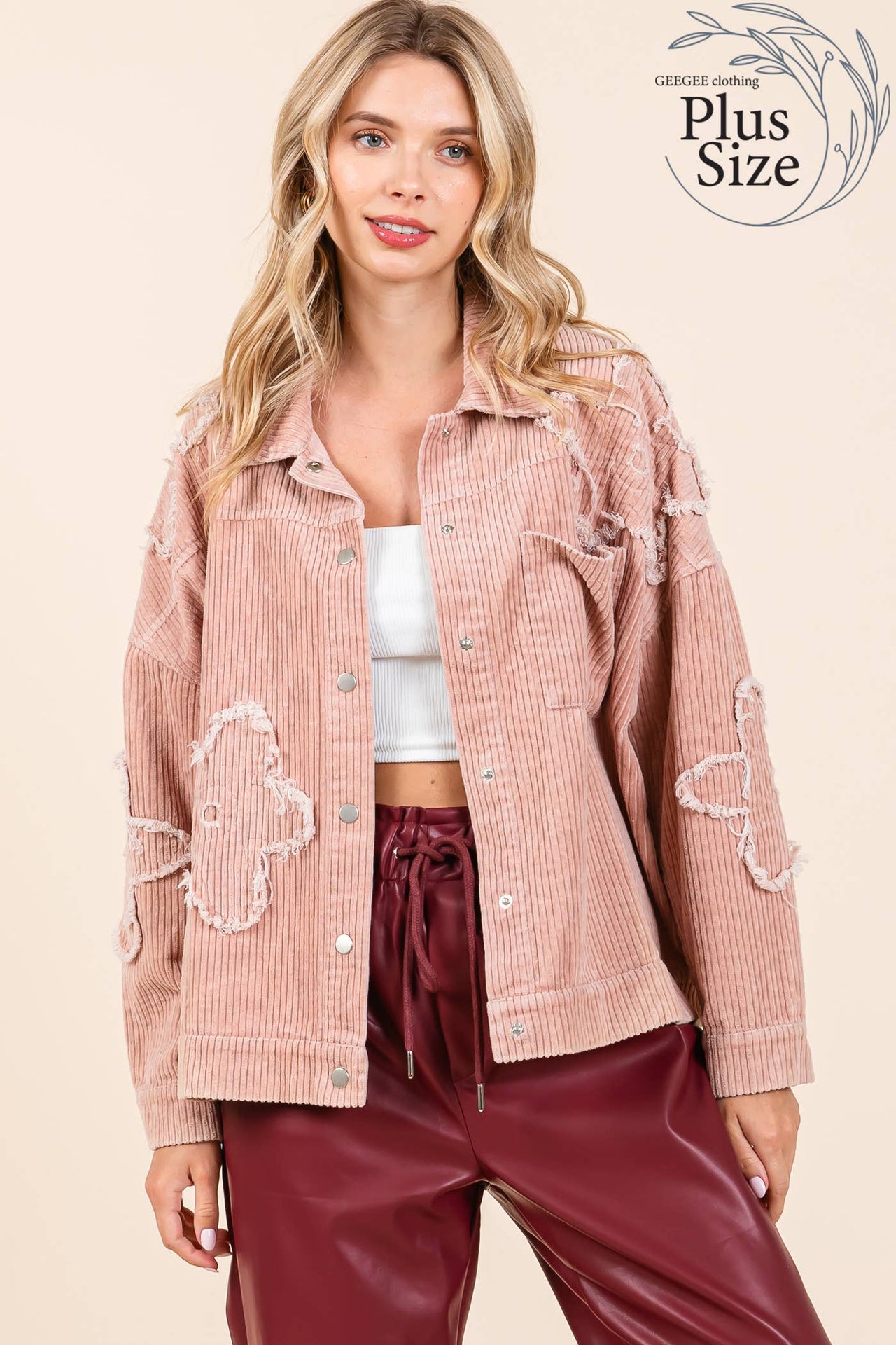 Plus Drop Shoulder Corduroy Shacket Pink Dust