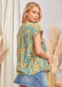 Thumbnail for Printed Blouse With Embroidered Neckline: TEAL