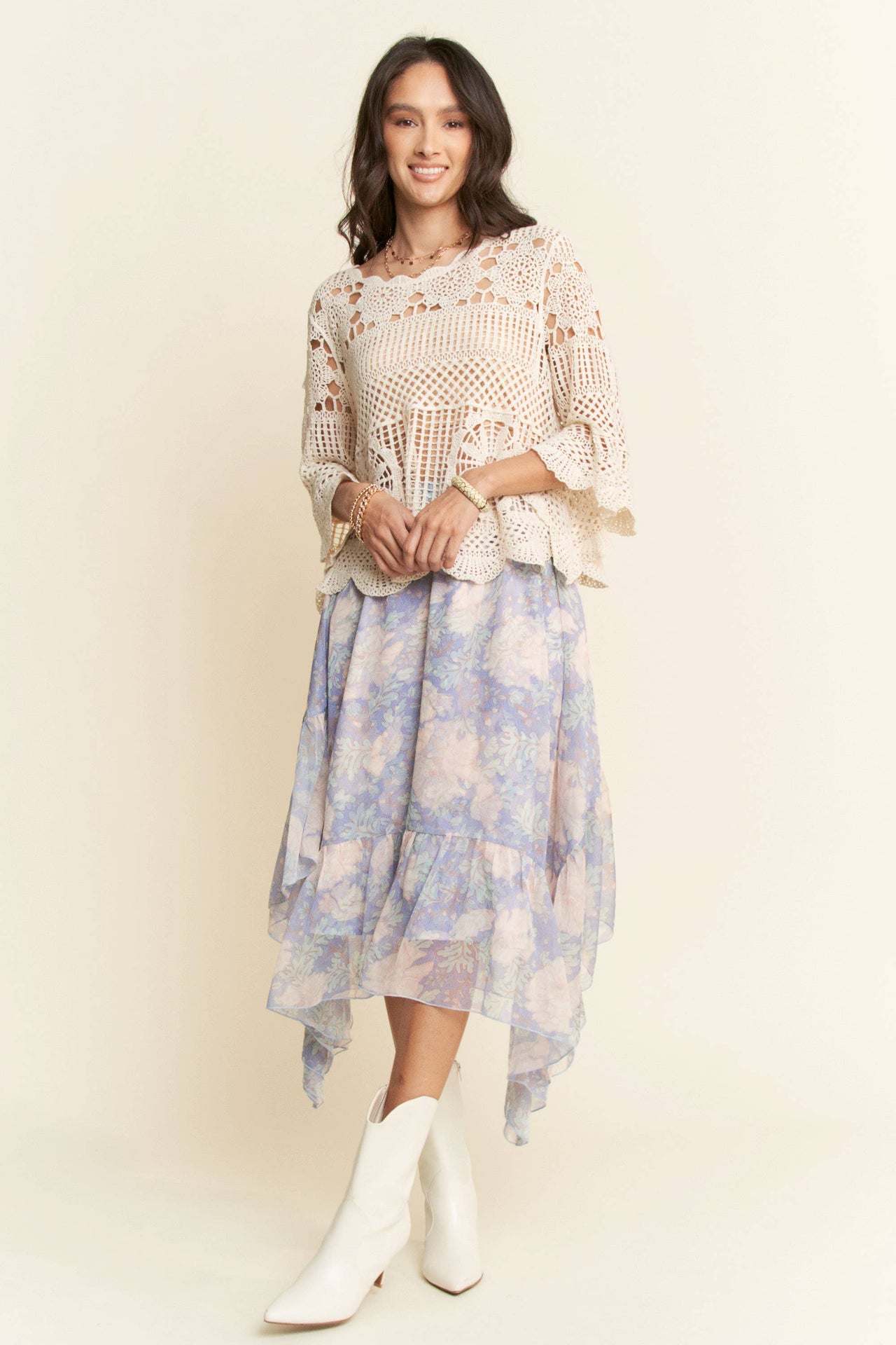 CROCHET LACE SOLID 3/4 SLEEVES TOP BLOUSE