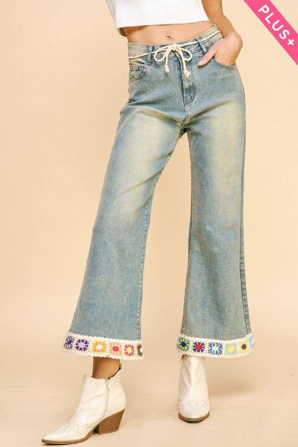 PLUS CROCHET TRIM STRAIGHT LEG LIGHT DENIM JEANS
