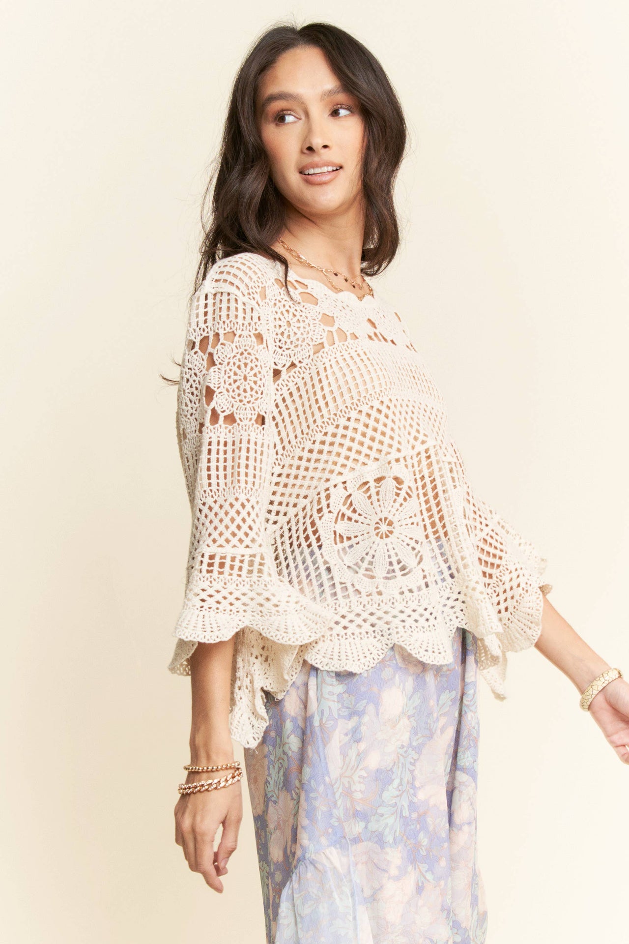 CROCHET LACE SOLID 3/4 SLEEVES TOP BLOUSE