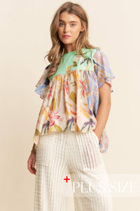 Thumbnail for Floral Print Flowy Boho Top Curvy 1X-3X