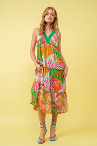 Thumbnail for Tropical Halter Strap Empire Tiered Midi Dress: MULTI GREEN