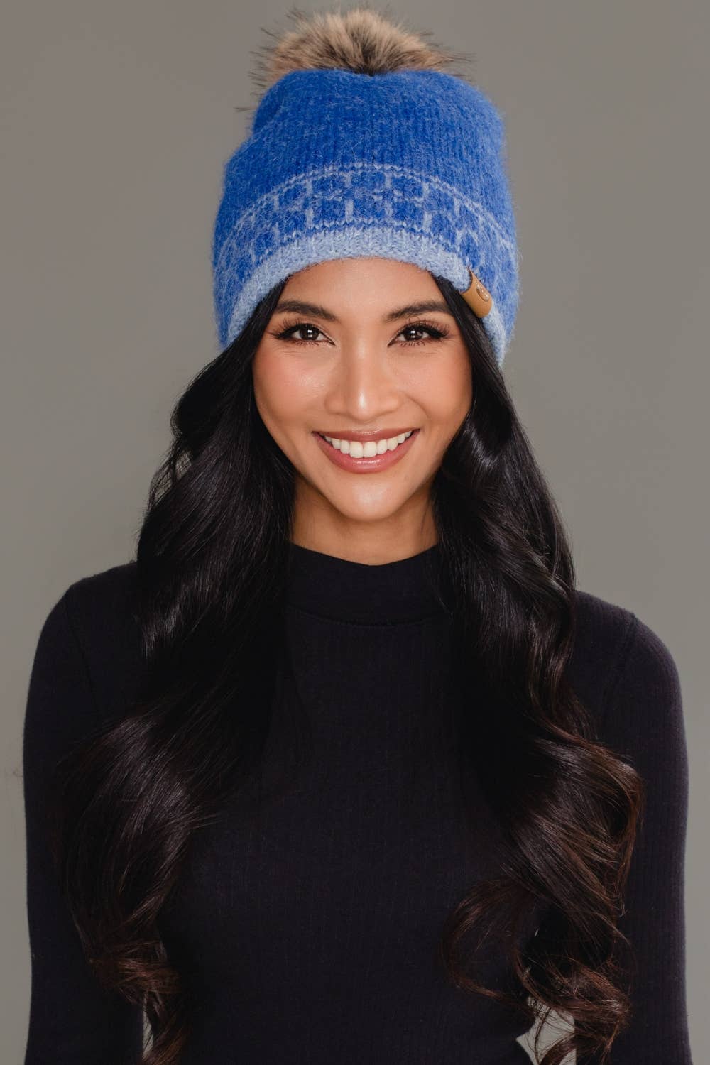 Blue & Lt. Blue Patterned Knit Pom Hats