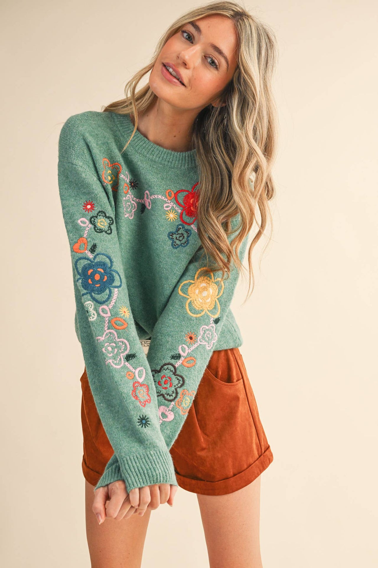 FLORAL EMBROIDERY PULLOVER SWEATER MSW10963