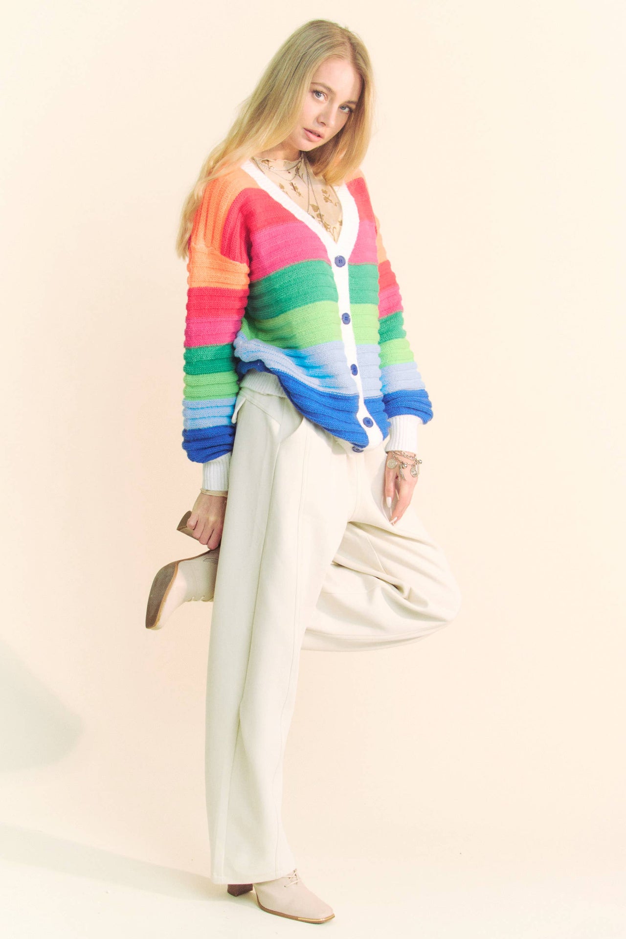 PLUS STRIPED TEXTURED KNIT MULTI SWEATER CARDIGAN: Rainbow