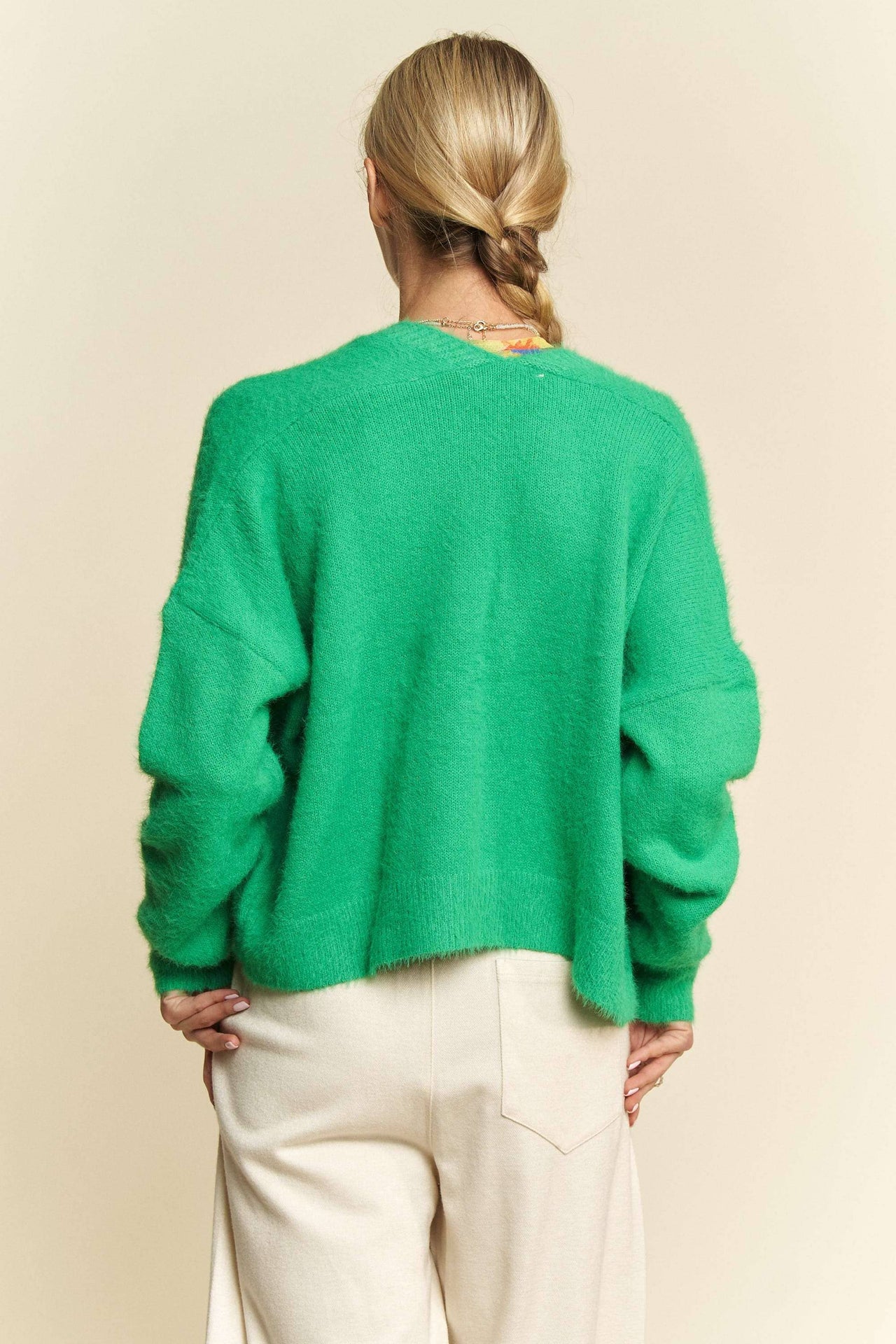 Spring Green Loose-Fit Knit Cardigan with Patch Pockets and Dropped Shoulders