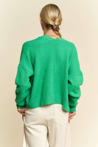 Thumbnail for Spring Green Loose-Fit Knit Cardigan with Patch Pockets and Dropped Shoulders