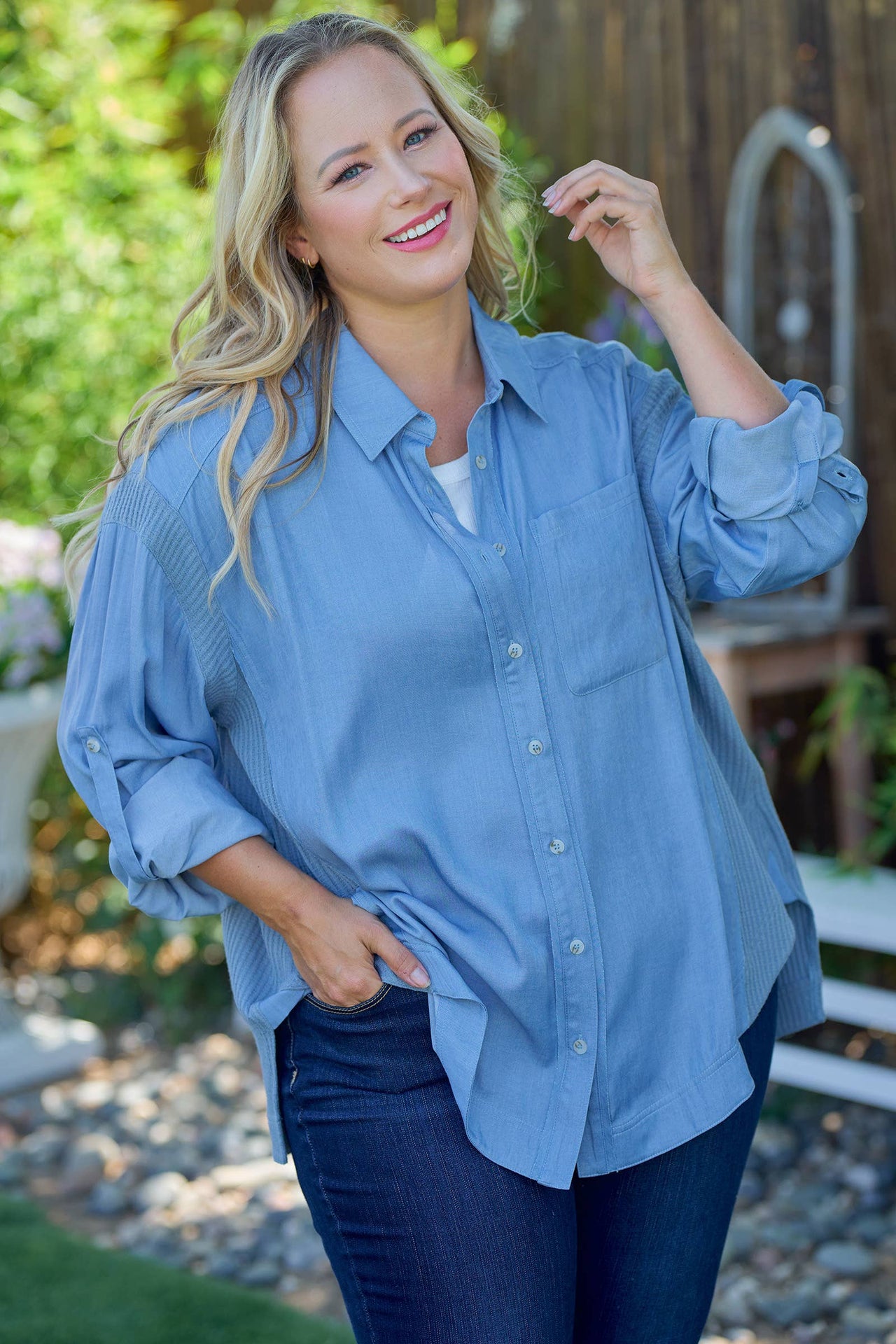Plus Breezy Denim-Blue Button-Up