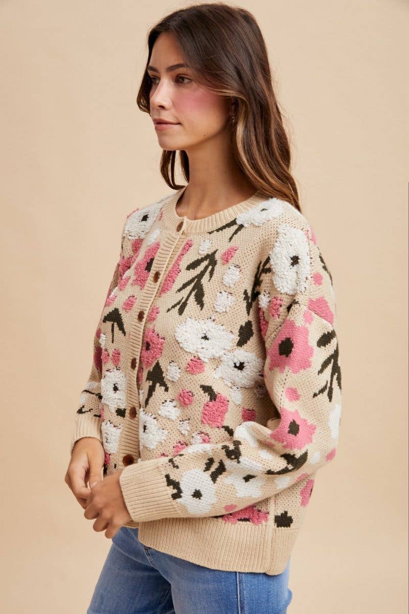 Boucle Flower Pattern Sweater Cardigan