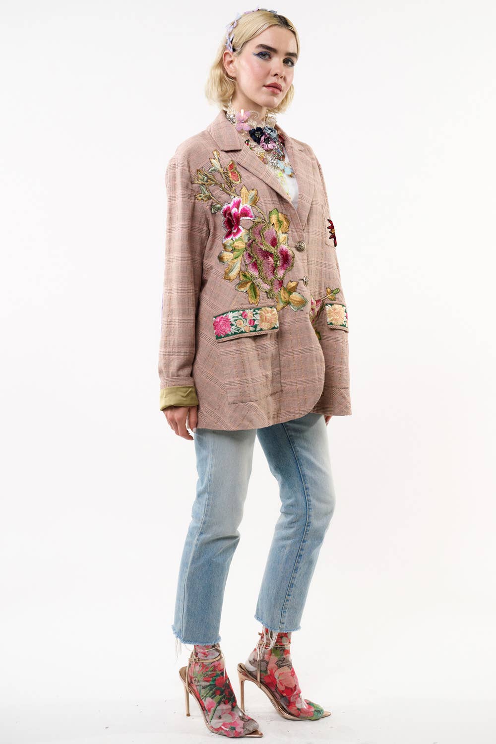 Pink Ash Washed Button-Up Blazer with Embroidered Patches and Velvet Elbow Details