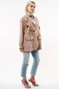 Thumbnail for Pink Ash Washed Button-Up Blazer with Embroidered Patches and Velvet Elbow Details