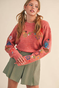 Thumbnail for FLORAL EMBROIDERY PULLOVER SWEATER MSW10963