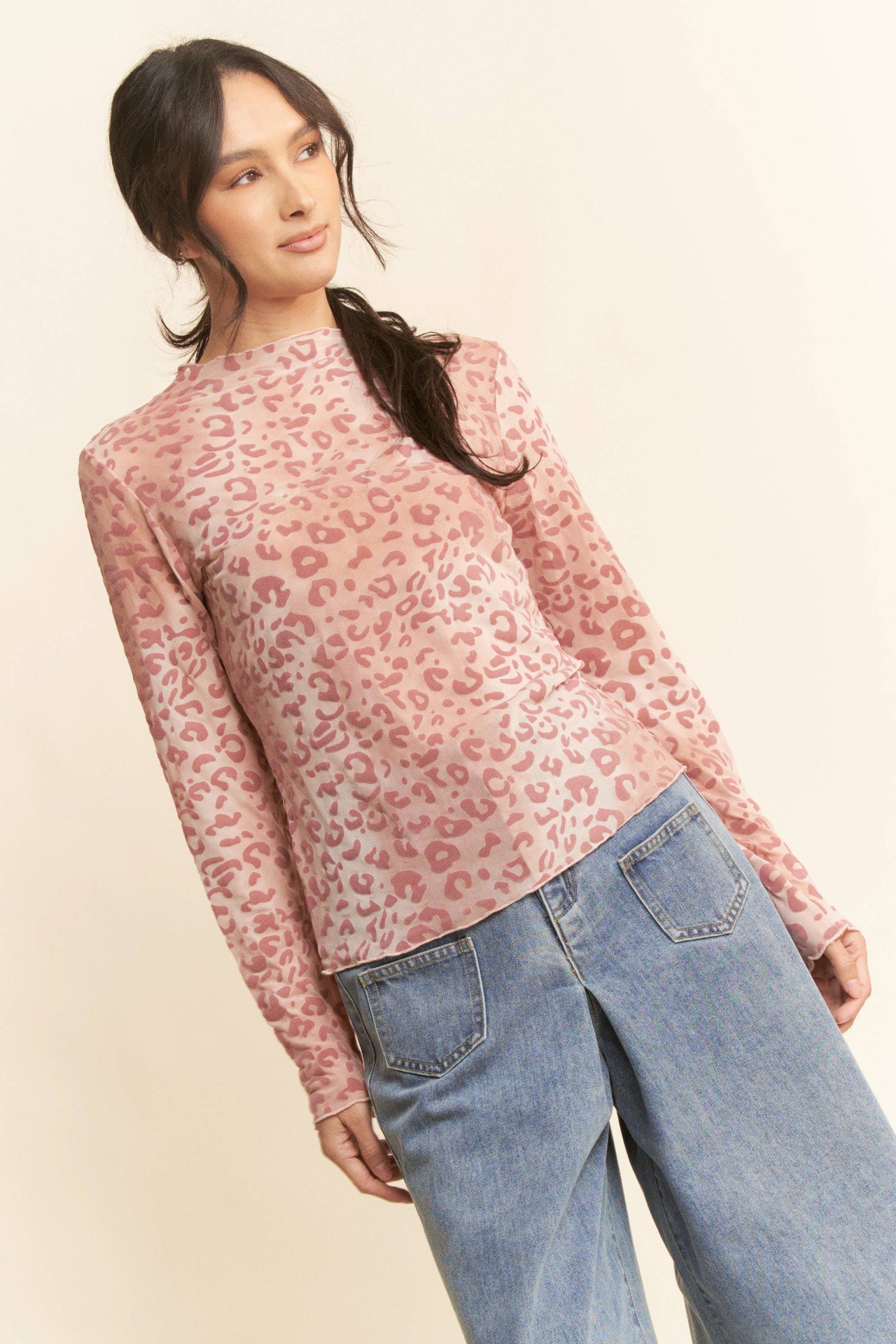 Women’s pink leopard print long sleeve mesh top