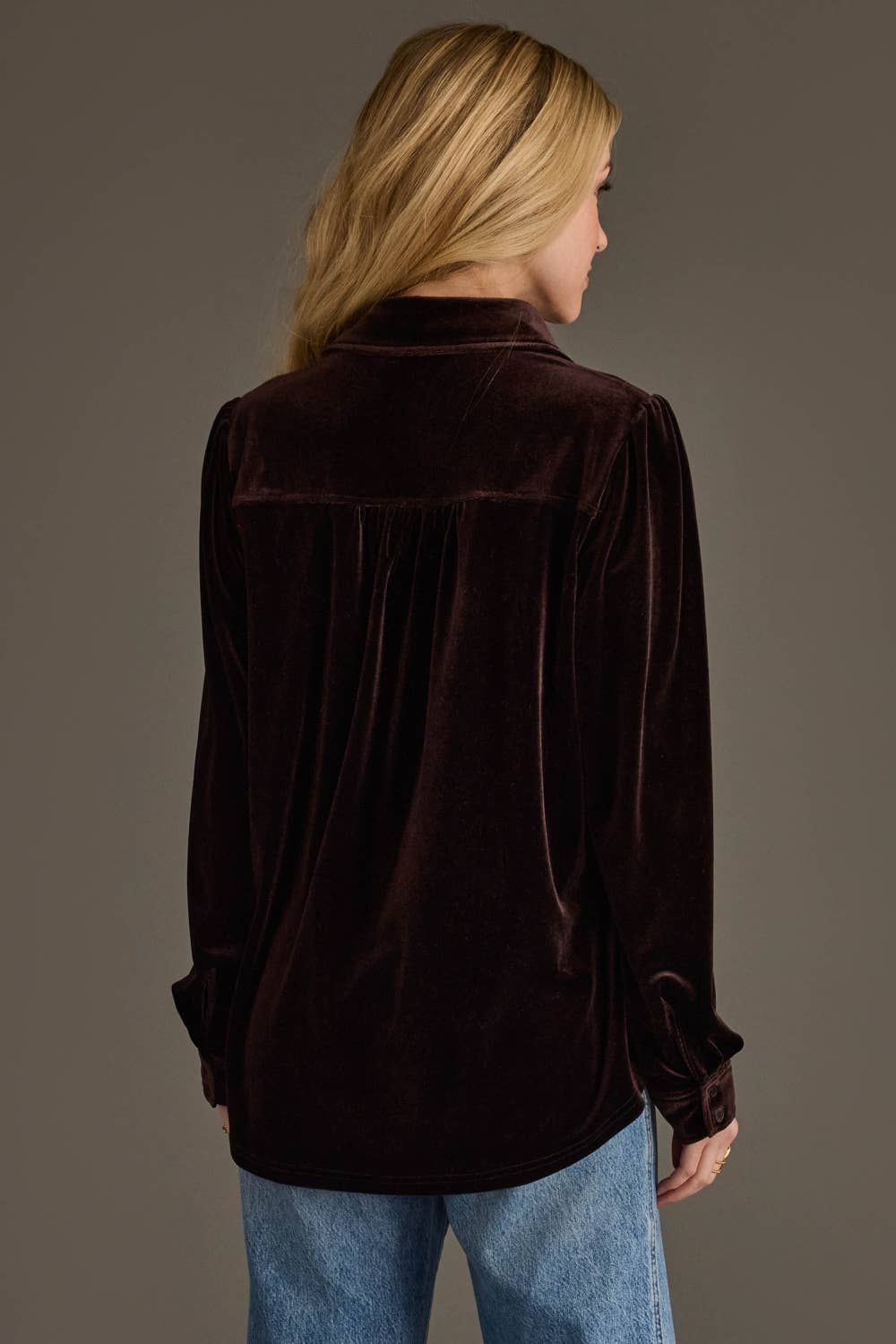 Espresso Brown Velvet Button Up