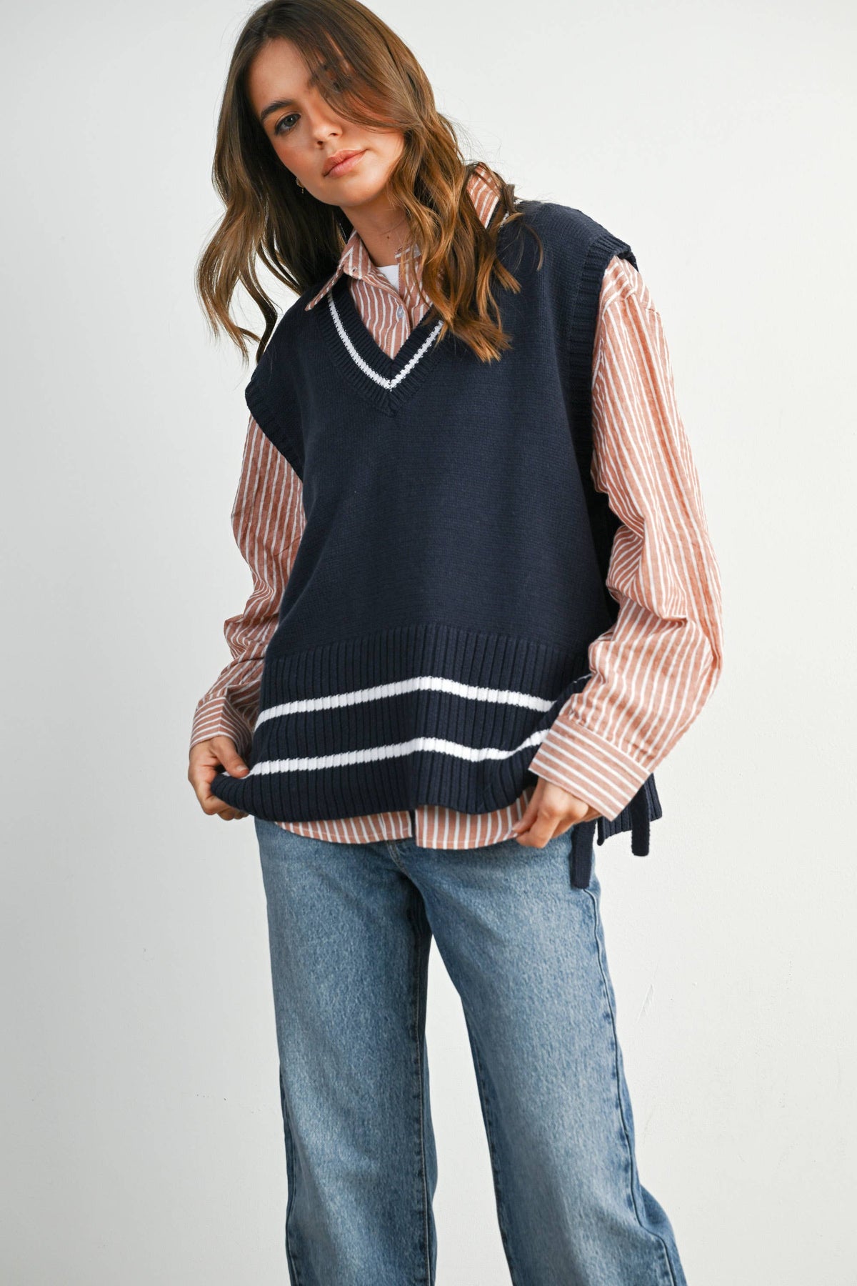 Cropped Striped Button-Up Collared Long Sleeve Top - BMT7915