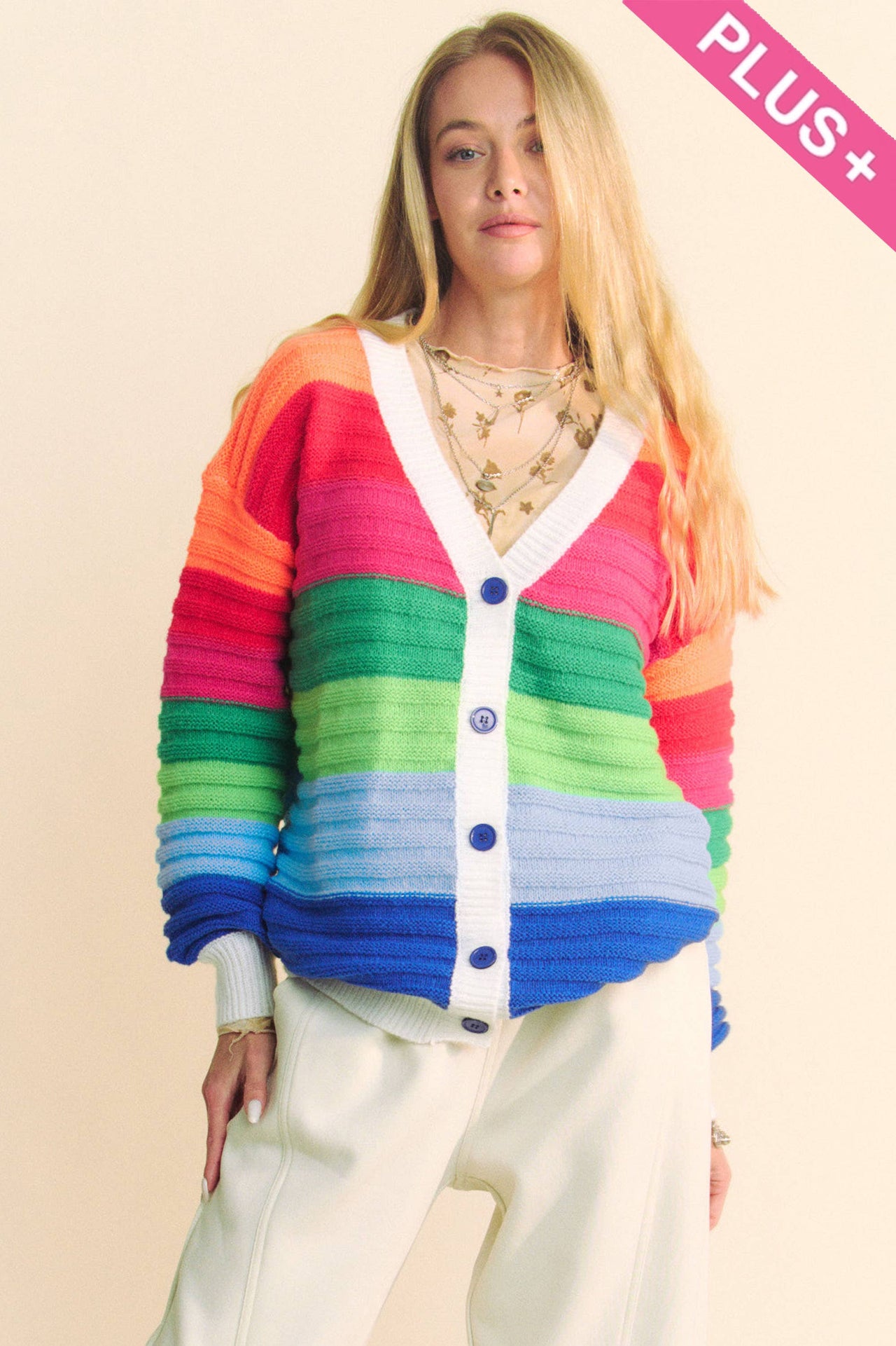 PLUS STRIPED TEXTURED KNIT MULTI SWEATER CARDIGAN: Rainbow