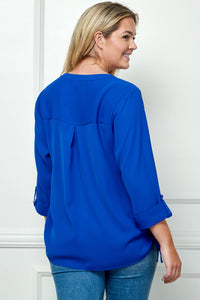 Thumbnail for PLUS SIZE COBALT TAB SLEEVE MANDARIN COLLAR SHIRT
