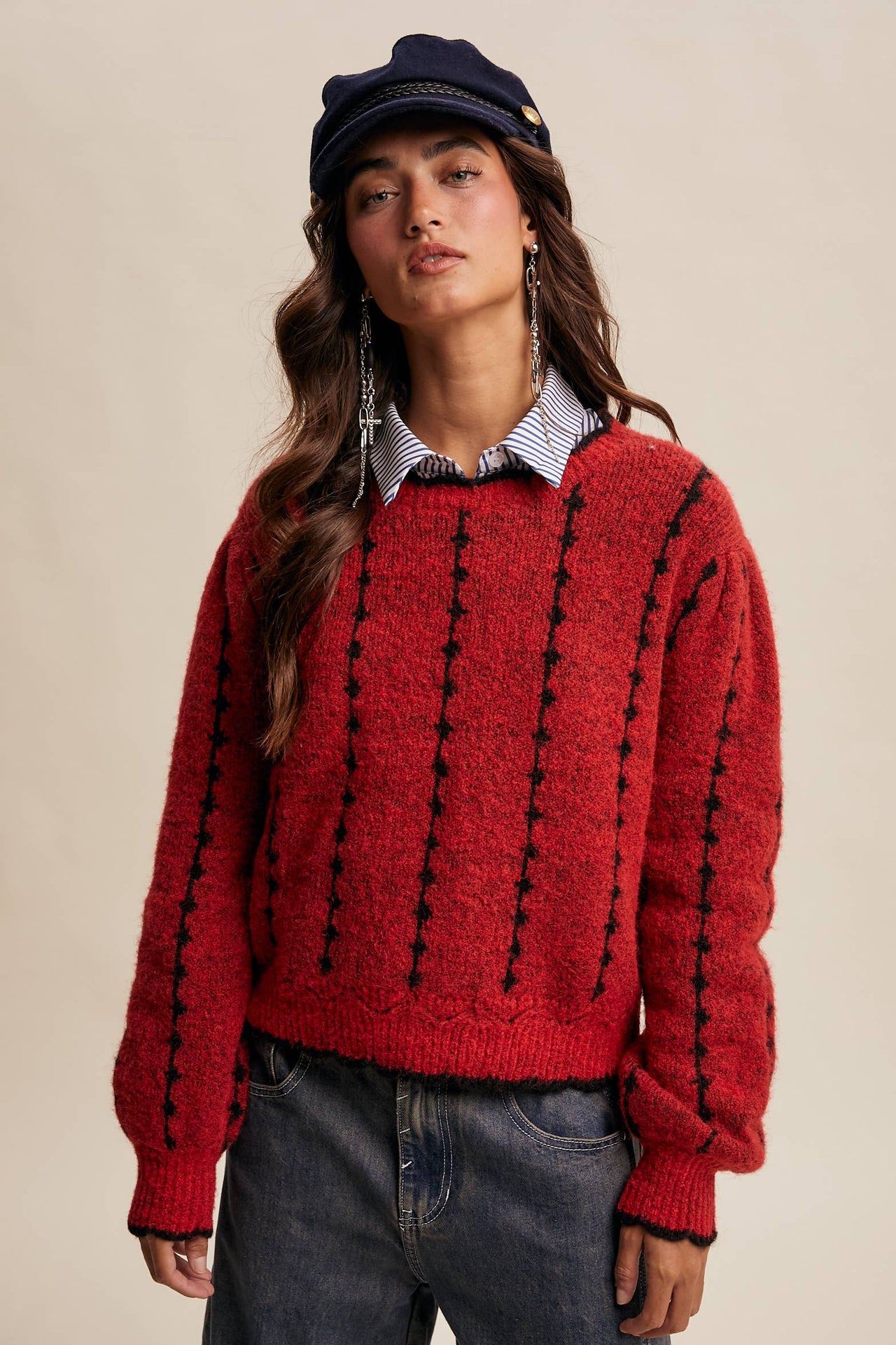 Textured Jacquard Knit Crew Sweater