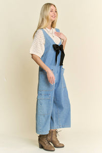 Thumbnail for WASHED SOFT DENIM BOW TIE ZIPPER FRONT JUMPSUIT