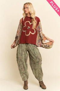 Thumbnail for PLUS BOHO PATCHWORK KNIT TOP WITH FLOWER