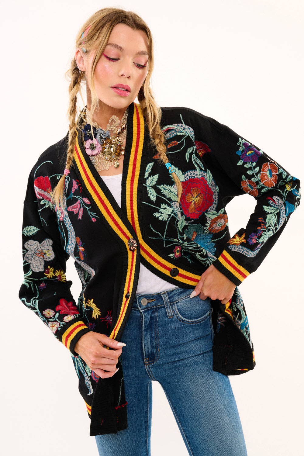Hermione French Terry Cardigan | Floral Embroidered Jacket