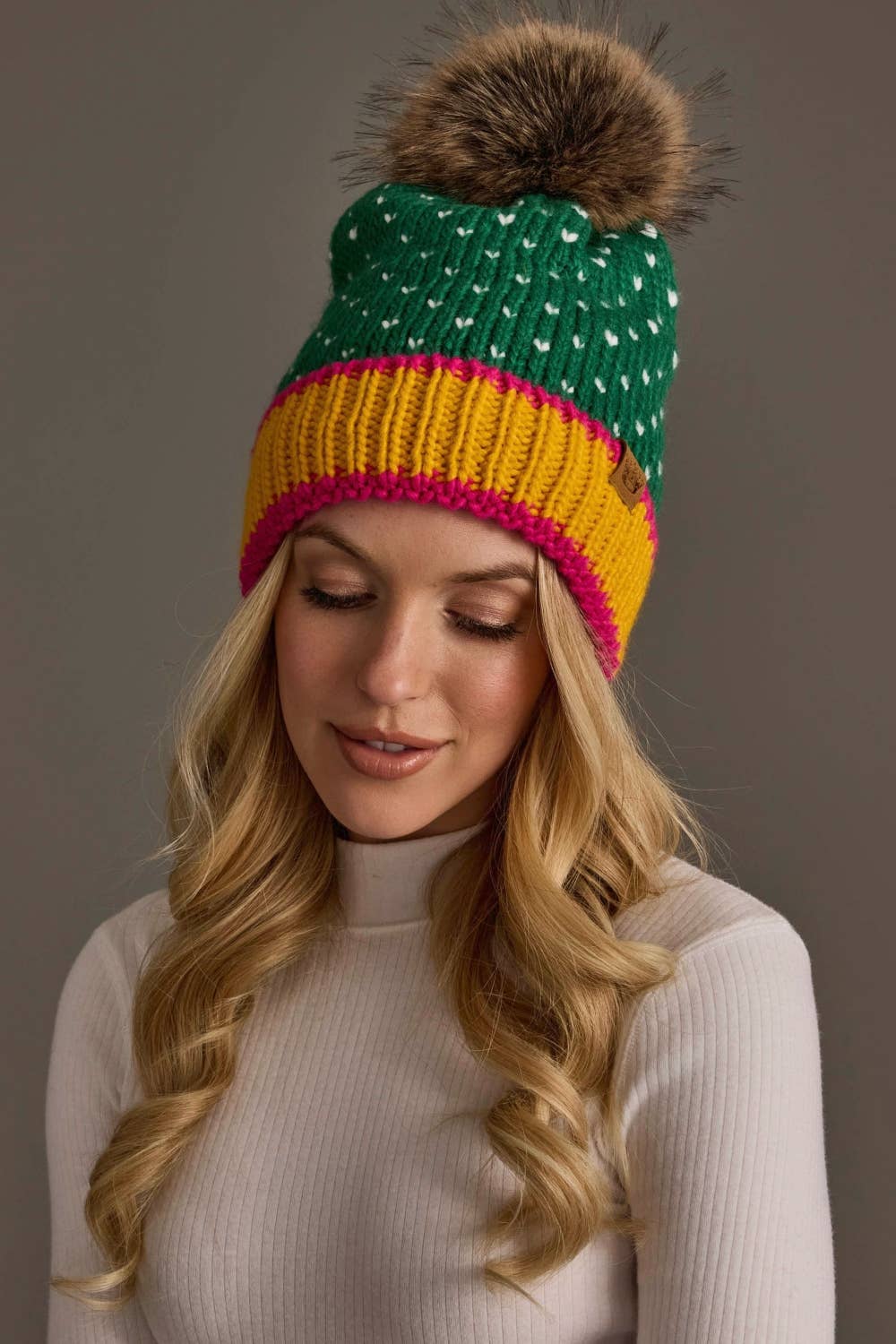 Green, White & Mustard Heart Design Pom Hat