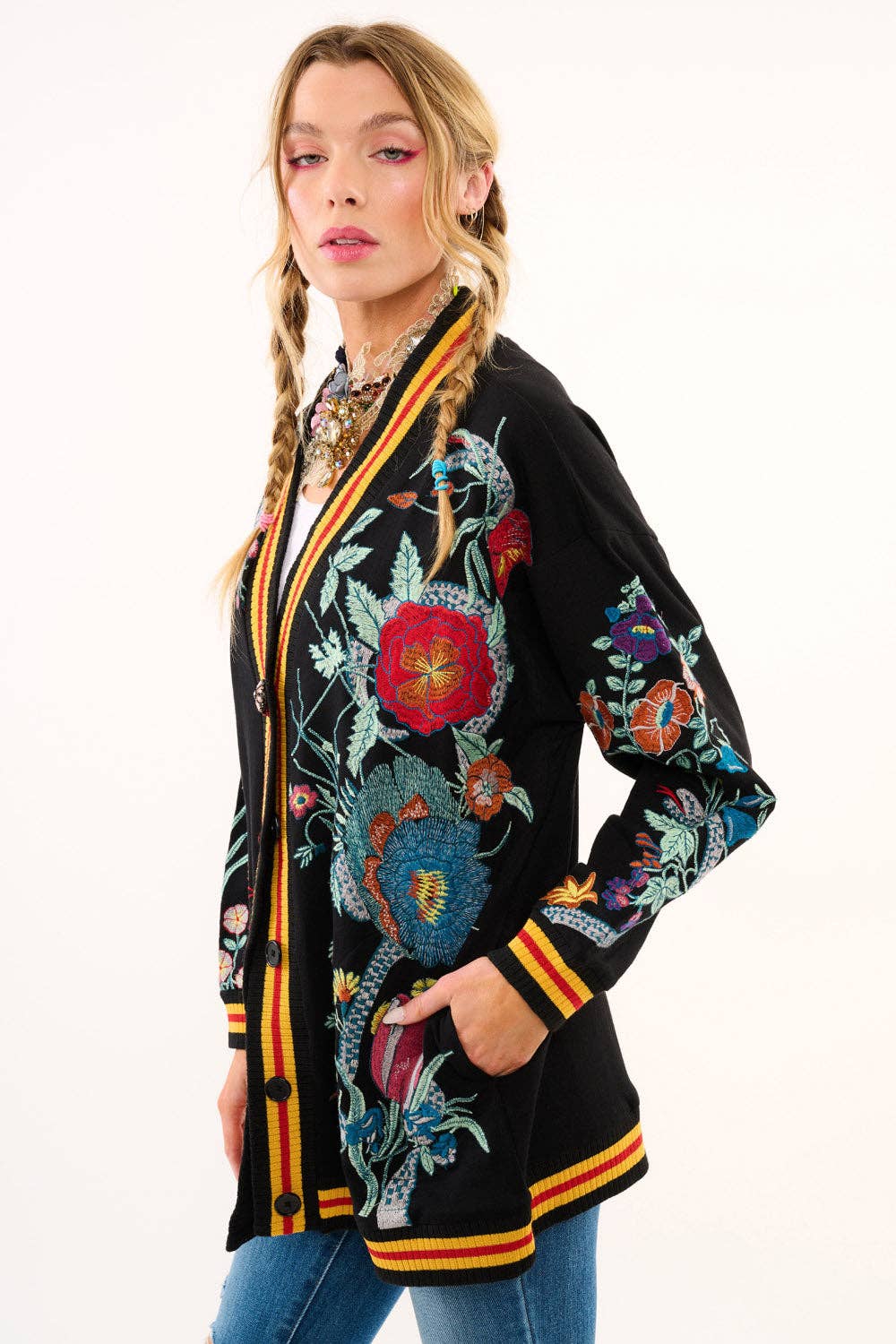 Hermione French Terry Cardigan | Floral Embroidered Jacket