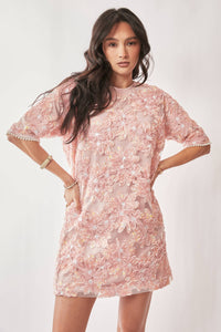 Thumbnail for FLORAL EMBROIDERY SEQUINED MESH MINI DRESS