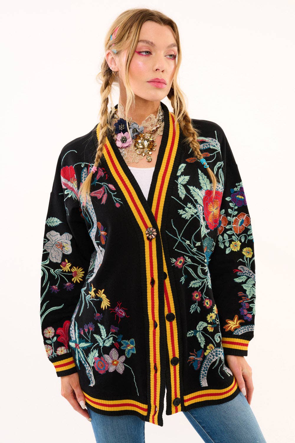 Hermione French Terry Cardigan | Floral Embroidered Jacket