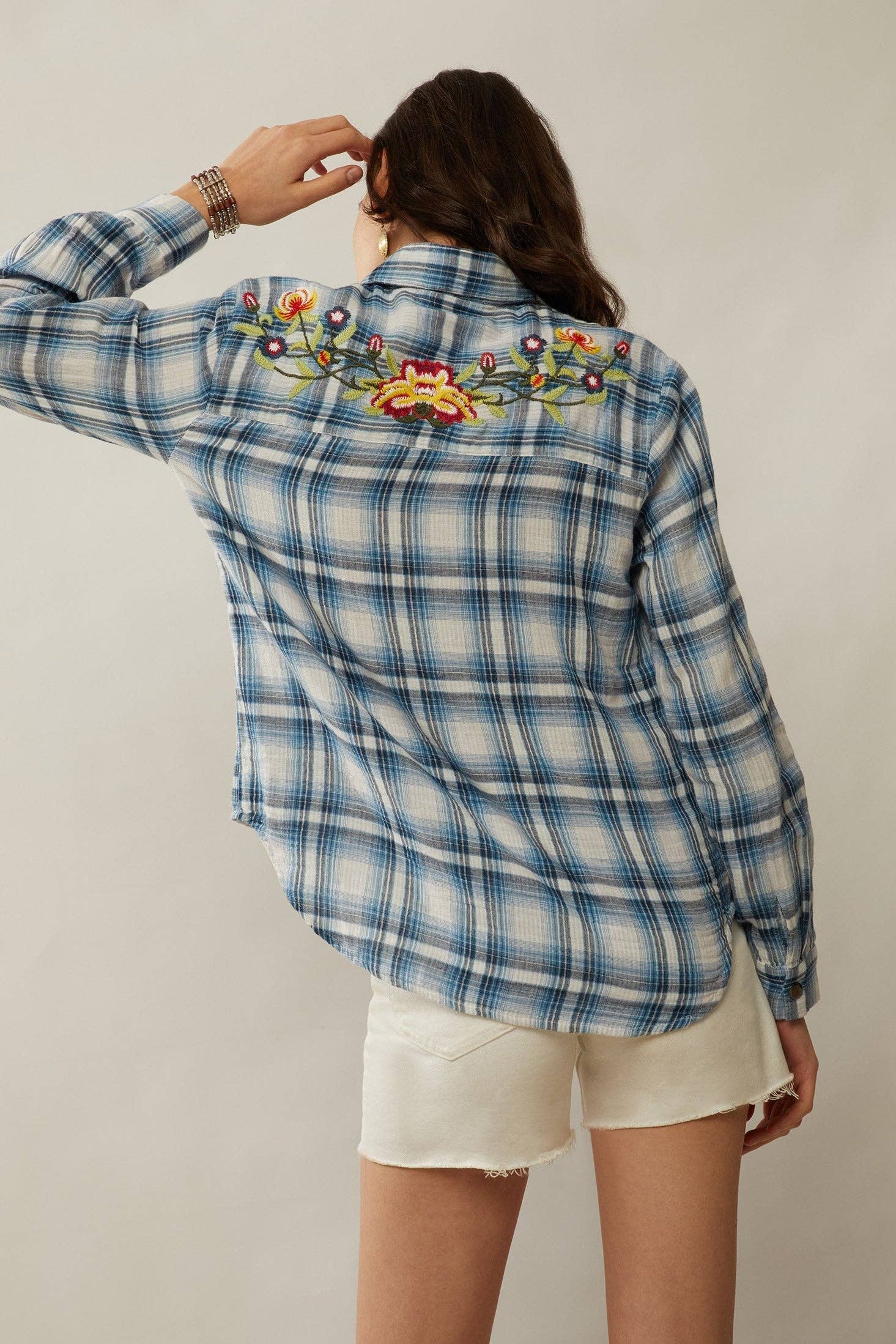 The Elise Top, Embroidered Floral Plaid Button Up Shirt