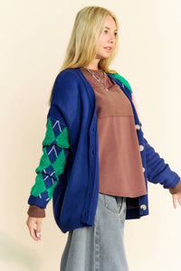 Thumbnail for PLUSH ARGYLE BUTTON FRONT LOOSE FIT KNIT CARDIGAN