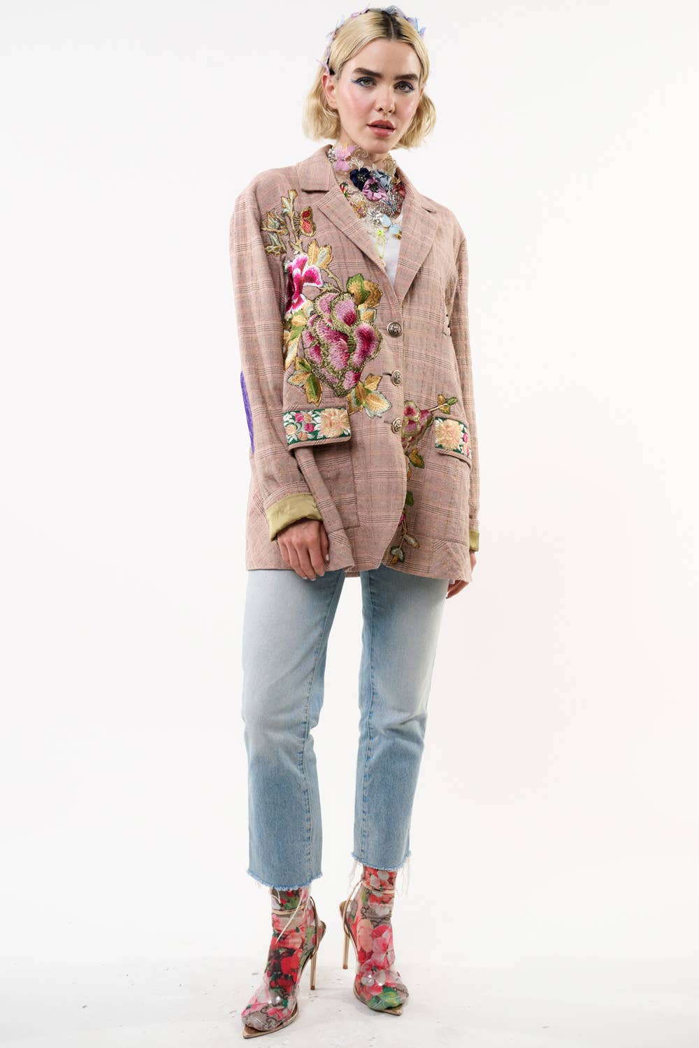 Pink Ash Washed Button-Up Blazer with Embroidered Patches and Velvet Elbow Details