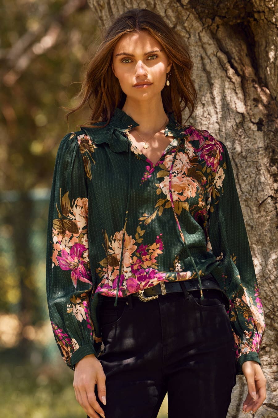 Plus Floral Printed Long-sleeve Blouse