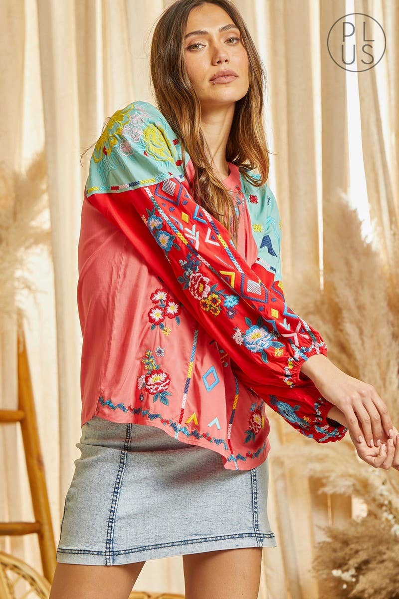 PLUS Embroidered Tunic Top CORAL MULTI