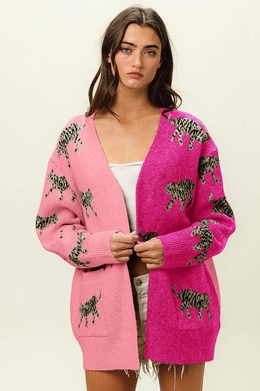 Patch Pockets Tiger Pattern V-neck Cardigan