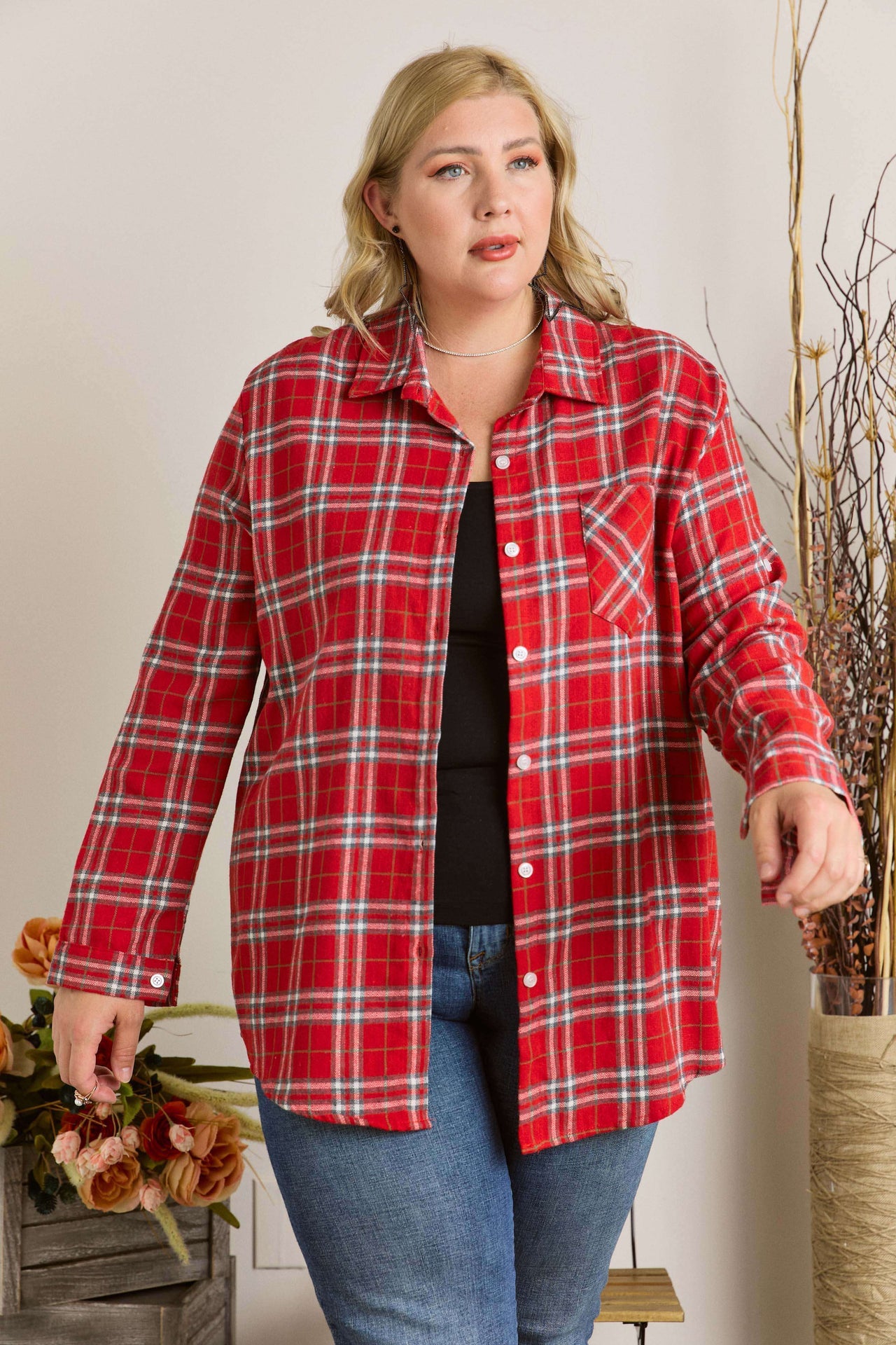 PLUS BUTTON DOWN FLANNEL SHIRTS: RED