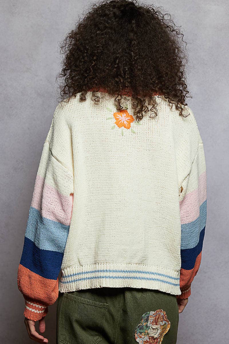 Color block pattern floral embroidered chenille sweater top