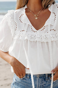 Thumbnail for Embroidered Lace Puff Short Sleeve Blouse