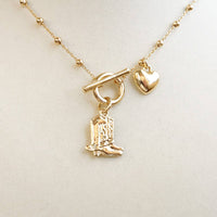 Thumbnail for Cowgirl Charm – Dainty Boots & Heart Necklace in Gold