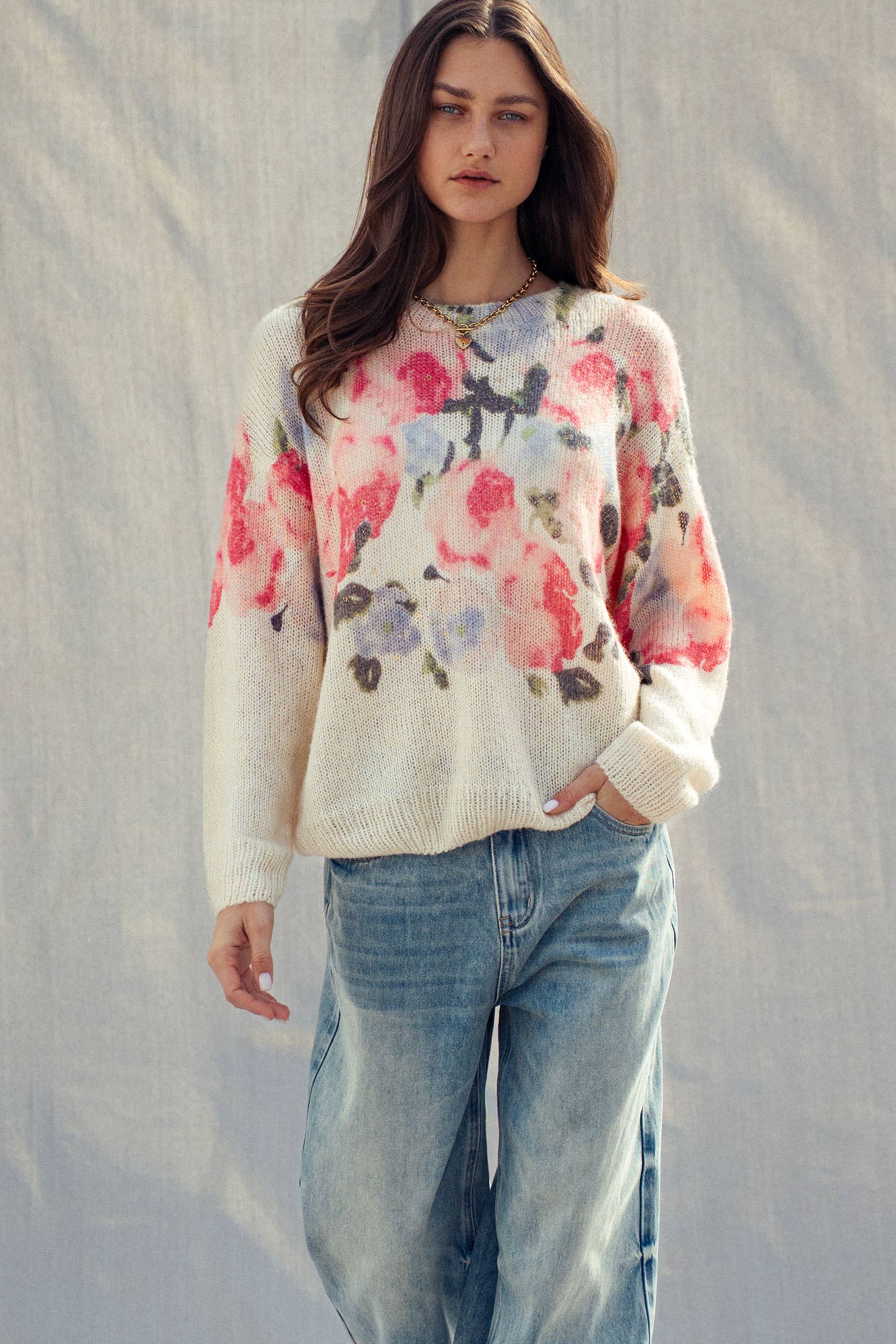 The Rosalie Floral Knit Sweater | Cream & Pink