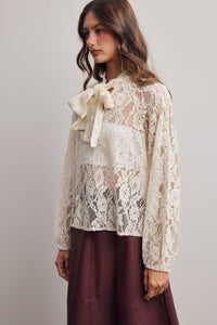 Thumbnail for Sheer Lace Tie Neck Blouse FT0059