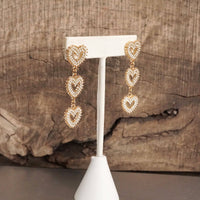 Thumbnail for 3 Hearts Dangle Post Earrings with Pearls and Crystals – Gold or Silver Tone