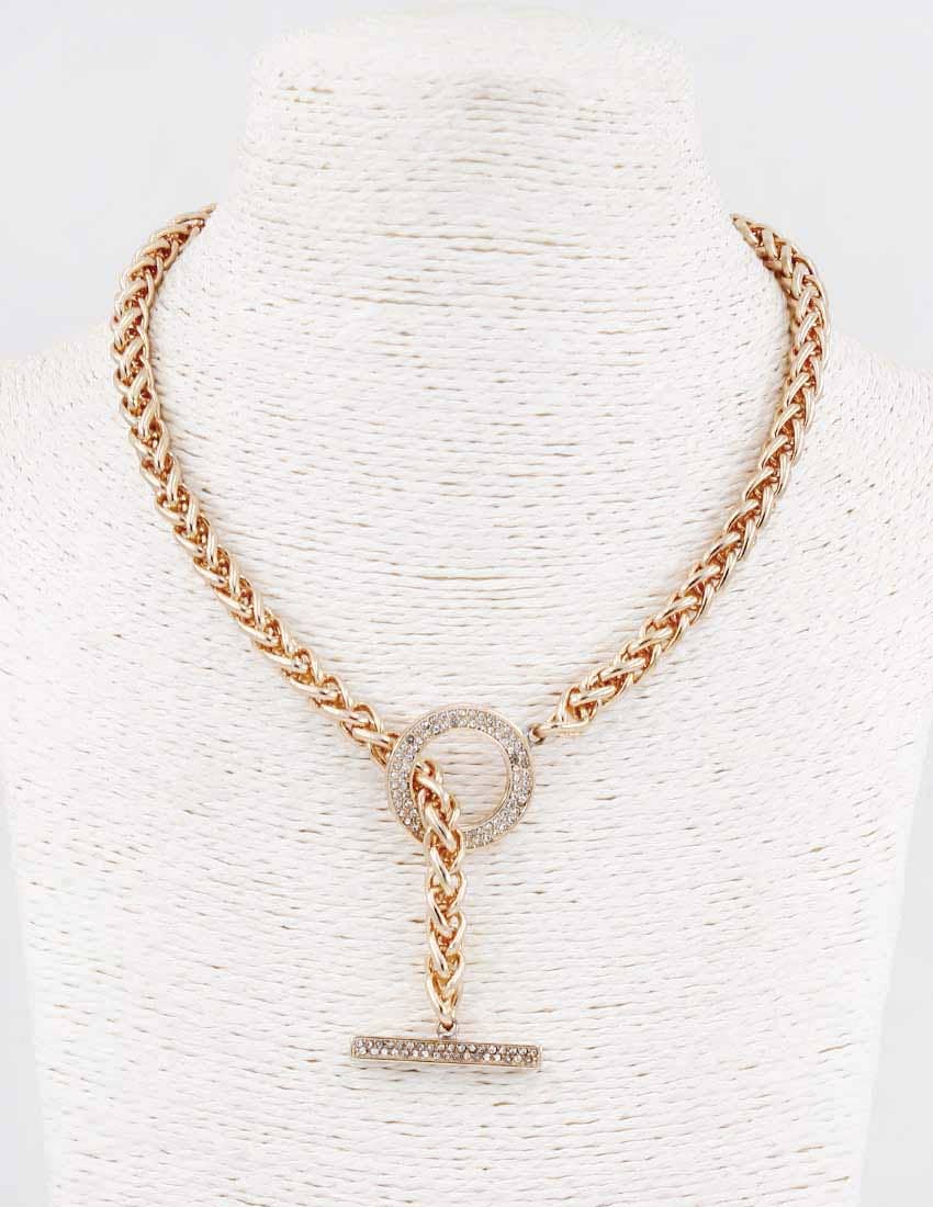 Front Toggled Paved Crystals Statement Necklace - Gold Tone