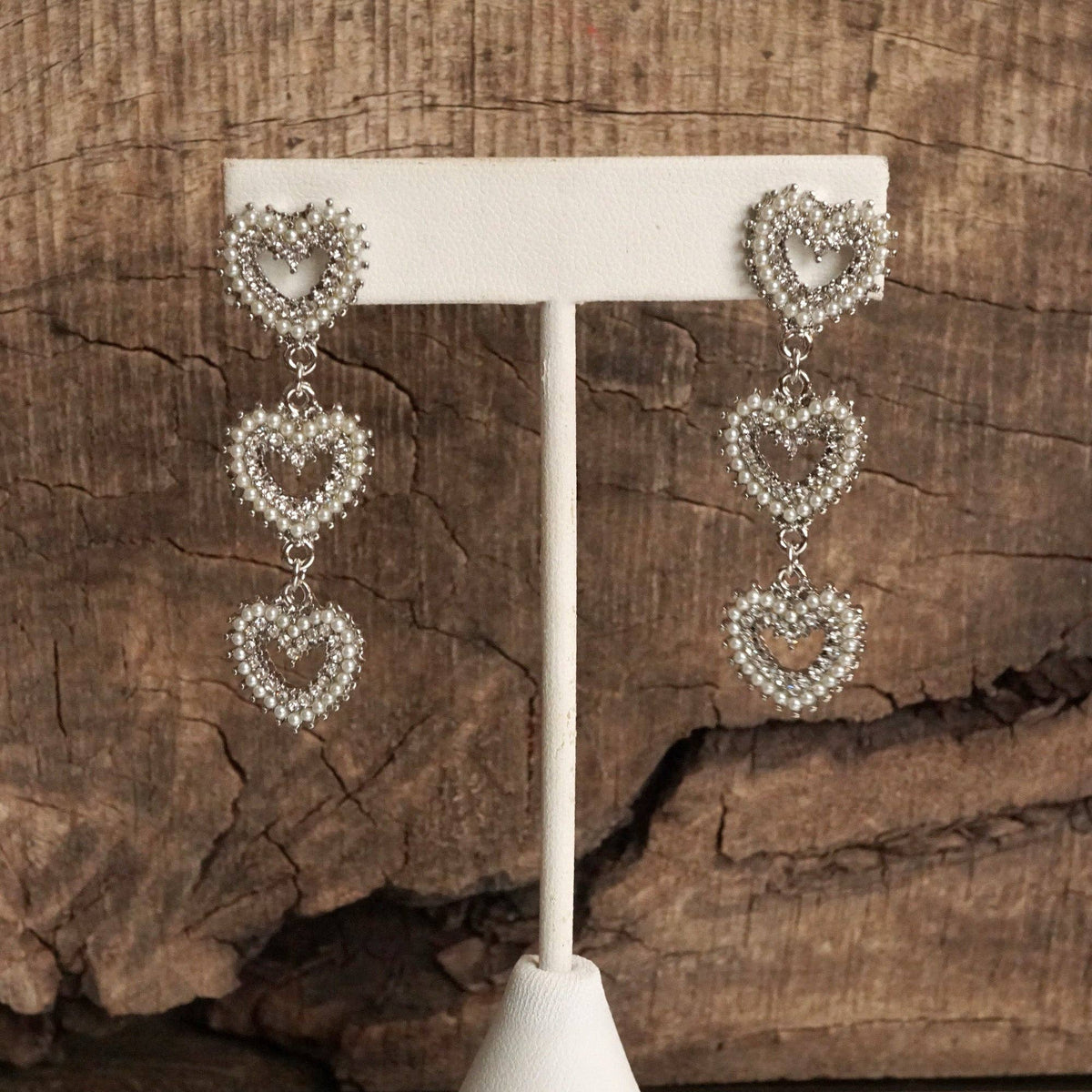 3 Hearts Dangle Post Earrings with Pearls and Crystals – Gold or Silver Tone