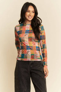 Thumbnail for MULTI CHECKER FLORAL PRINTED LONG SLEEVE MESH TOP