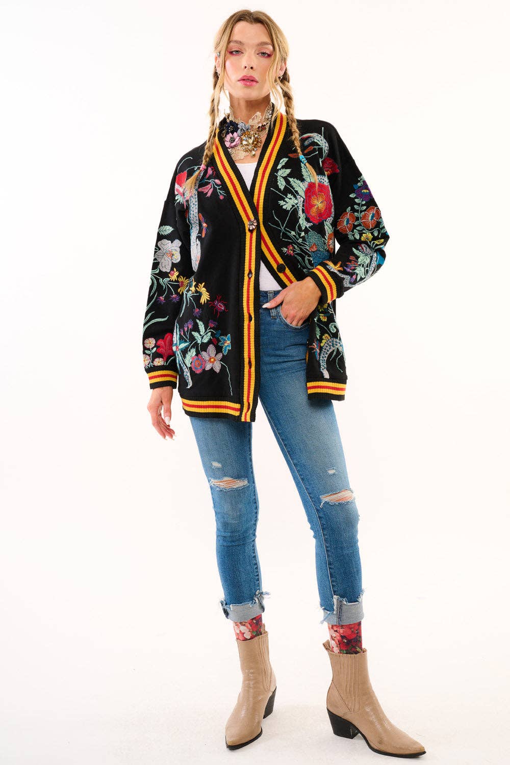 Hermione French Terry Cardigan | Floral Embroidered Jacket