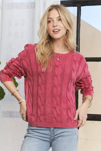 Thumbnail for MINERAL WASHED CABLE KNIT SWEATER TOP